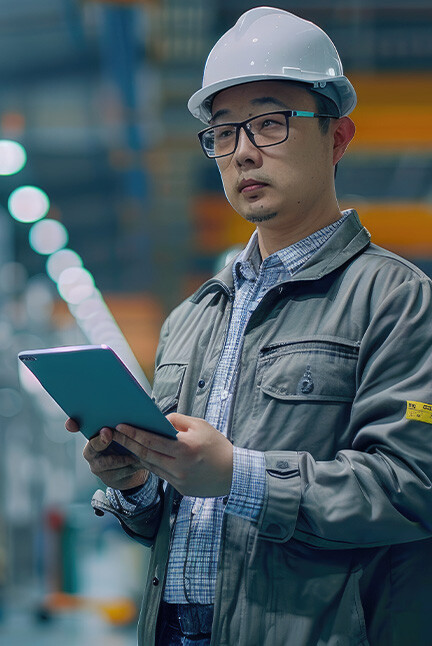 Male worker with a tablet wearing a helmet