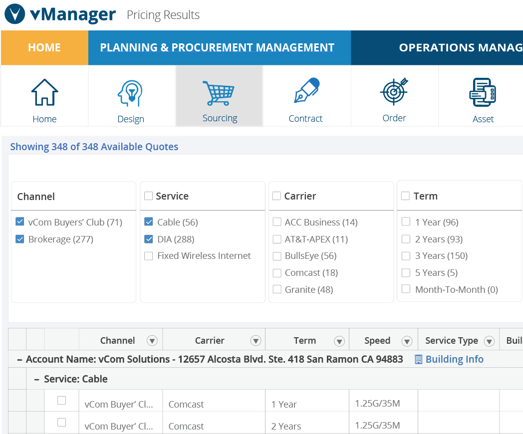 vManager network pricing screenshot