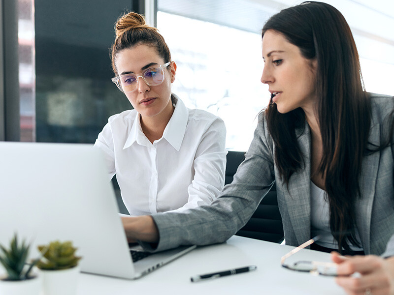 Two employees looking at a computer
